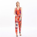 Hot Sale Summer Adult Satin Printed V Neck Sleeveless Jumpsuits For Women